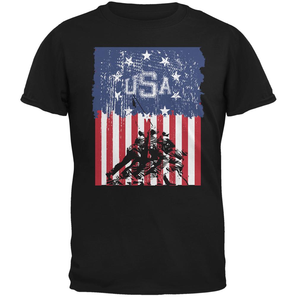 USA Distressed Flag Iwo Jima Black Adult T-Shirt Men's T-Shirts Old Glory 2XL Black