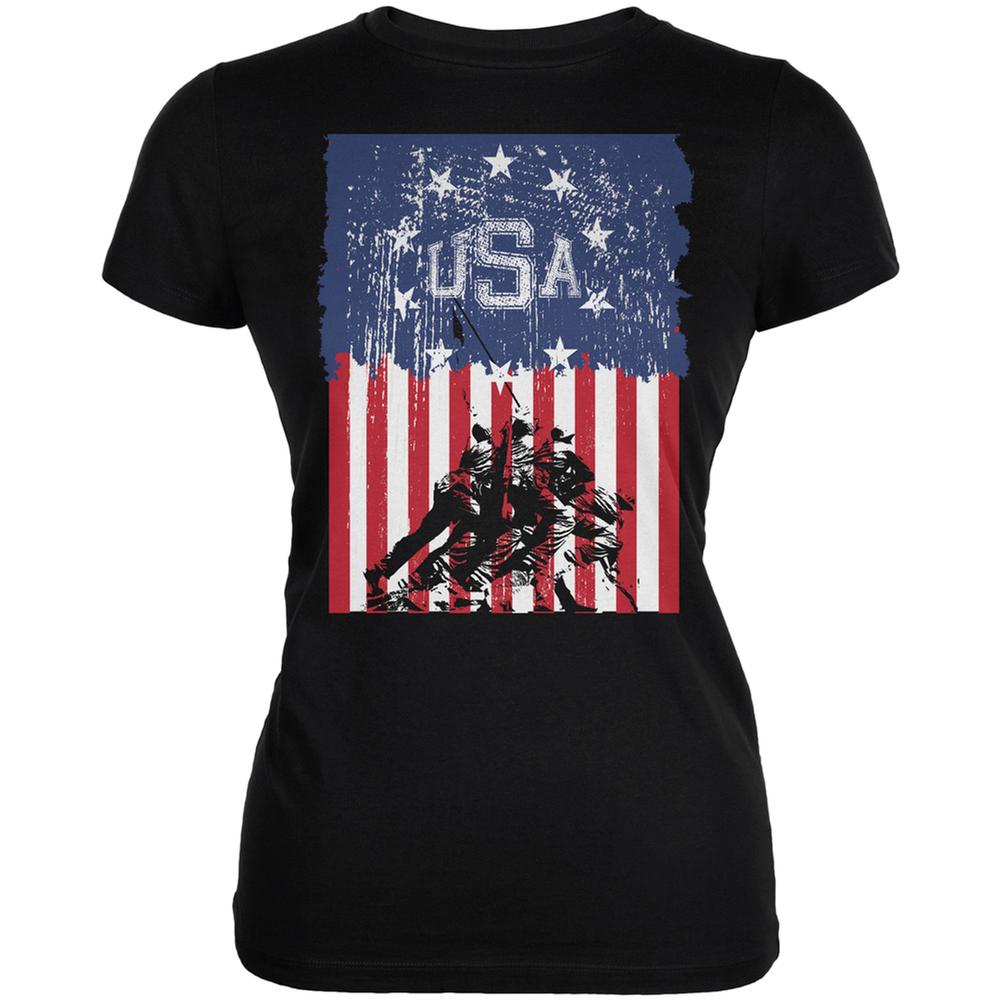 USA Distressed Flag Iwo Jima Black Juniors Soft T-Shirt Juniors T-Shirts Old Glory 2XL Black