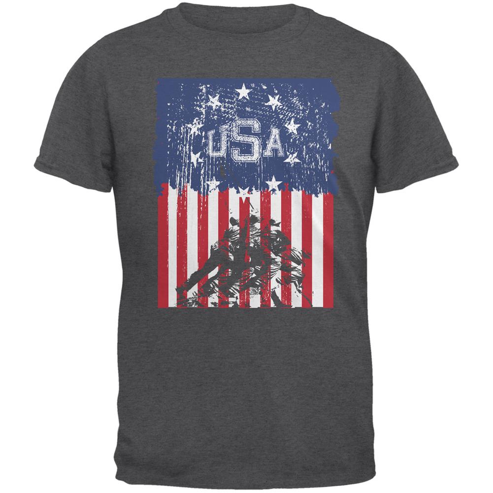 USA Distressed Flag Iwo Jima Dark Heather Adult T-Shirt Men's T-Shirts Old Glory 2XL Grey
