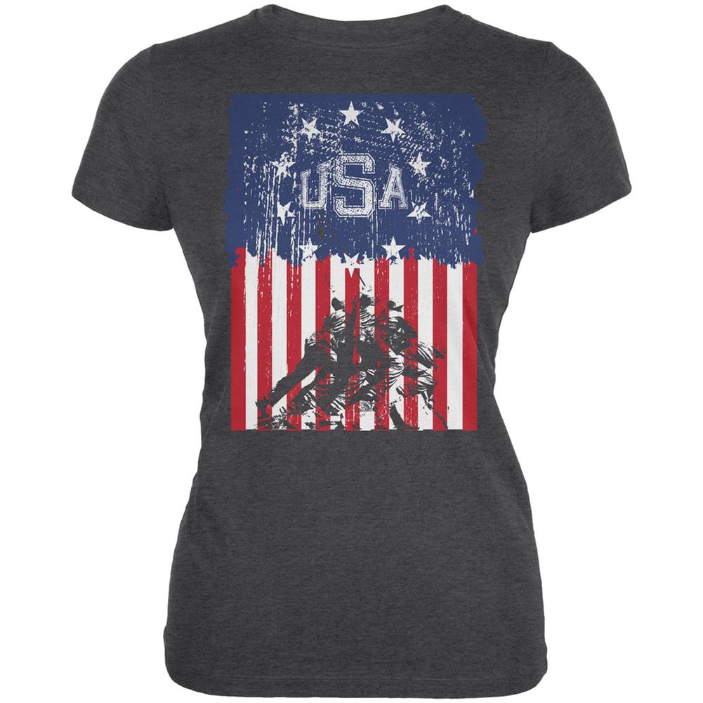 USA Distressed Flag Iwo Jima Dark Heather Juniors Soft T-Shirt Juniors T-Shirts Old Glory 2XL Grey
