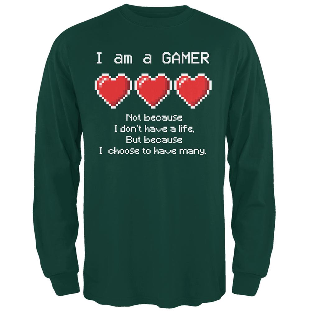 Eight Bit Three Lives Gamer  Forest Adult Long Sleeve T-Shirt Men's Long Sleeves Old Glory 2XL Green