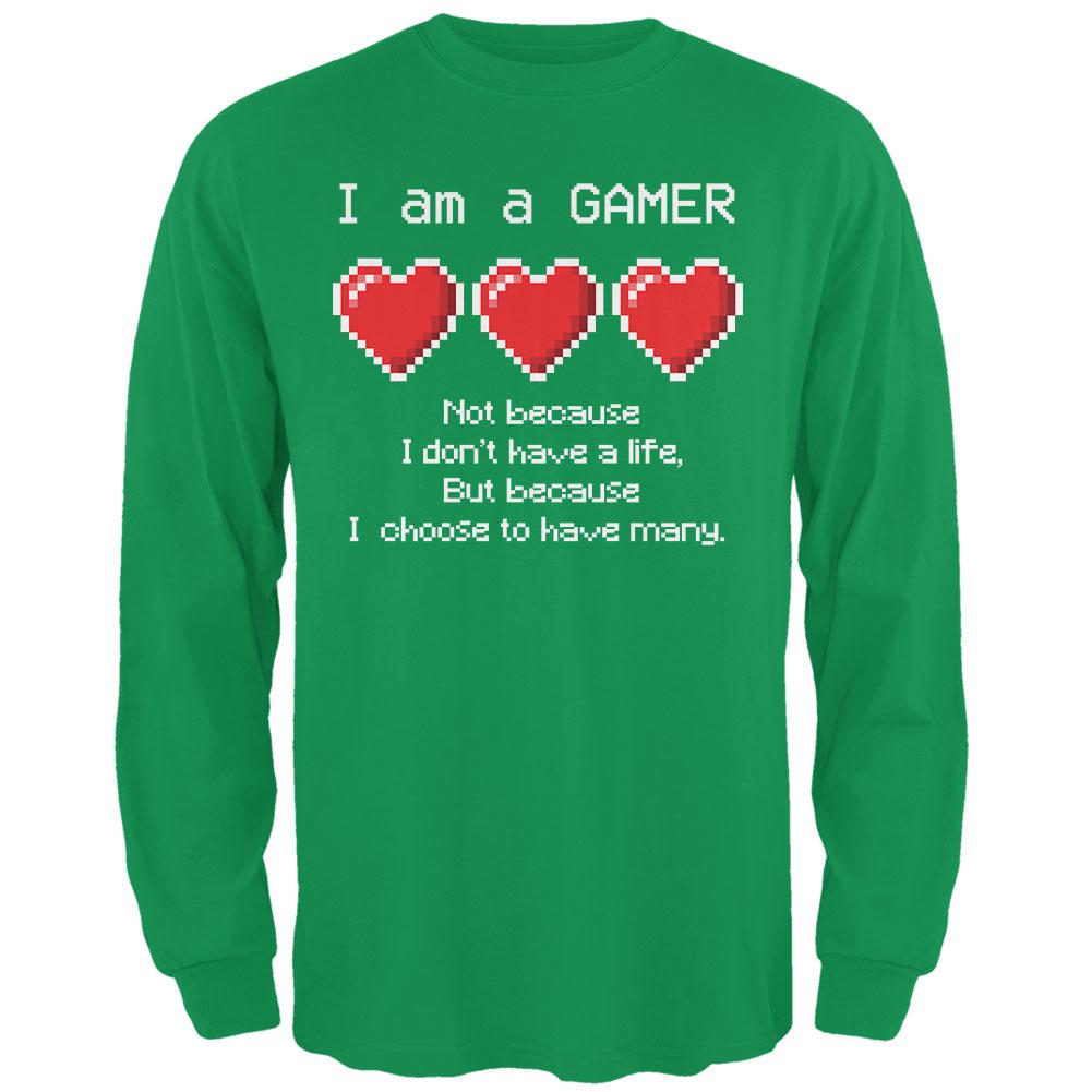 Eight Bit Three Lives Gamer  Irish Green Adult Long Sleeve T-Shirt Men's Long Sleeves Old Glory 2XL Green