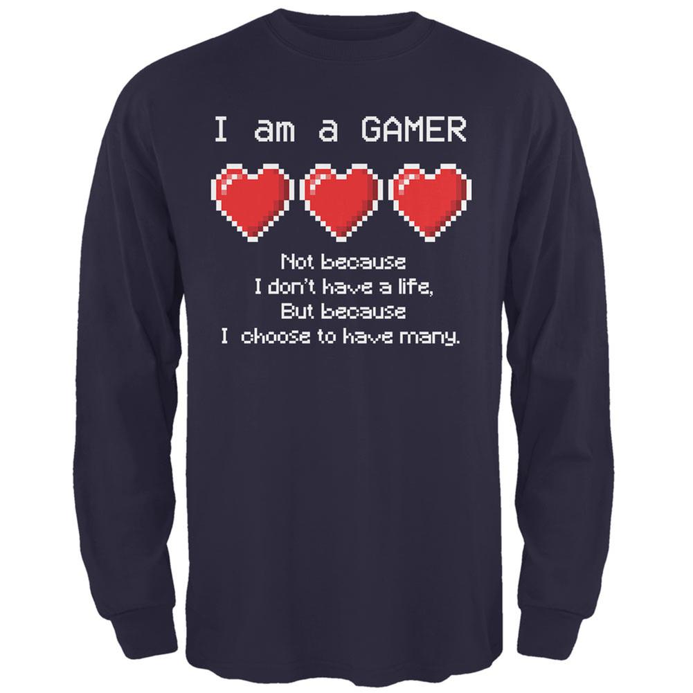Eight Bit Three Lives Gamer Navy Adult Long Sleeve T-Shirt Men's Long Sleeves Old Glory 2XL Blue