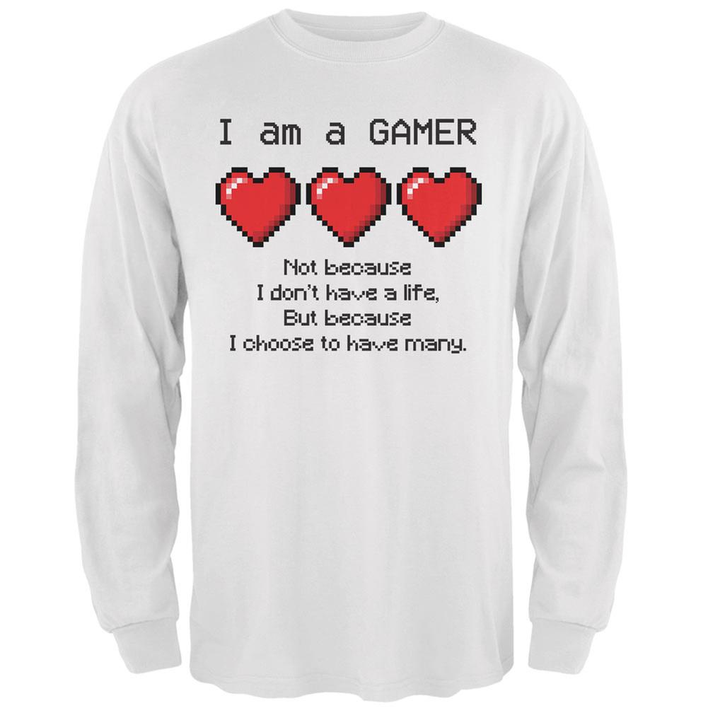 Eight Bit Three Lives Gamer White Adult Long Sleeve T-Shirt Men's Long Sleeves Old Glory 2XL White