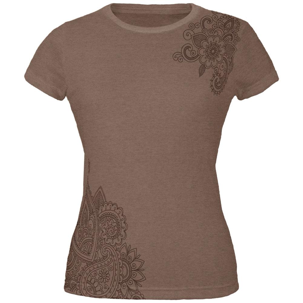 Henna Mehndi All Over Heather Brown Juniors Soft T-Shirt Juniors T-Shirts Old Glory 2XL Brown