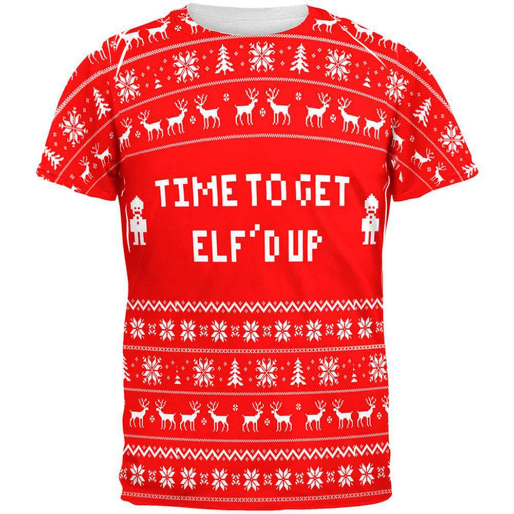 Christmas Time To Get Elf'd Up Ugly Sweater All Over Adult T-Shirt Men's T-Shirts Old Glory 2XL White