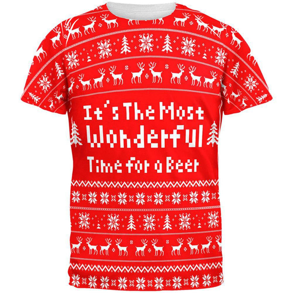 Christmas Wonderful Time For Beer Ugly Sweater All Over Adult T-Shirt Men's T-Shirts Old Glory 2XL White