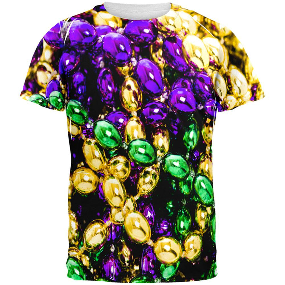 Mardi Gras Beads All Over Adult T-Shirt Men's T-Shirts Old Glory 2XL White