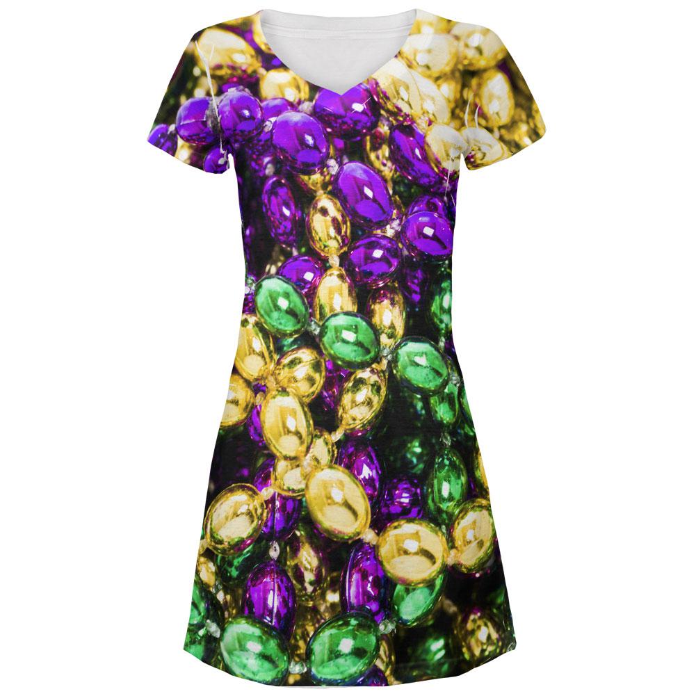 Mardi Gras Beads Juniors V-Neck Beach Cover-Up Dress Juniors T-Shirts Old Glory LG White