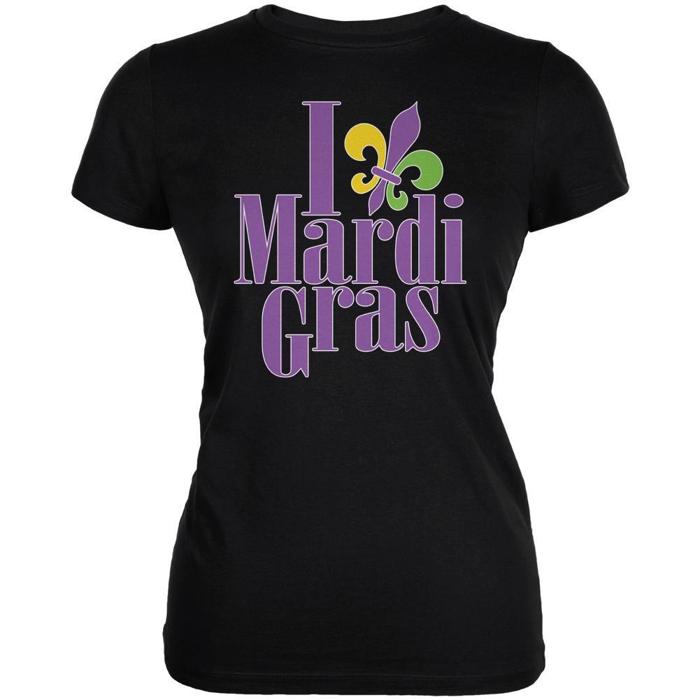 I Love Mardi Gras Fleur De Lis Black Juniors Soft T-Shirt Juniors T-Shirts Old Glory SM Black