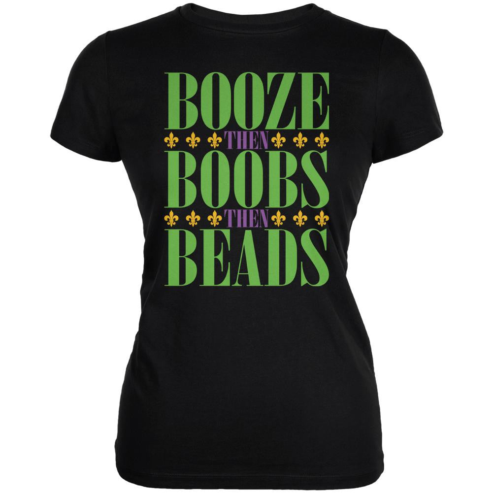Mardi Gras Booze Boobs Beads Black Juniors Soft T-Shirt Juniors T-Shirts Old Glory 2XL Black