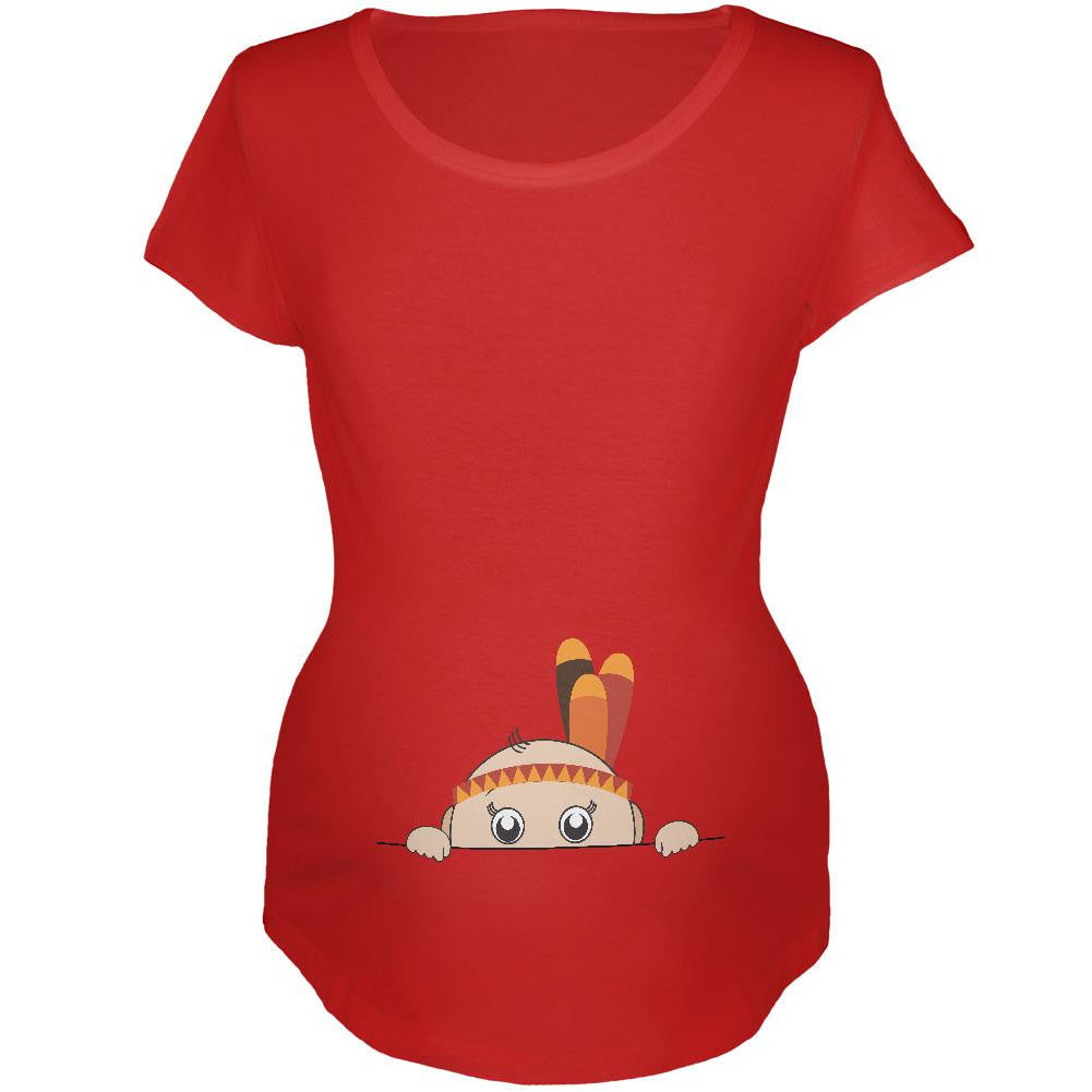 Peeking Baby Thanksgiving Indian Red Maternity Soft T-Shirt Maternity T-Shirts Old Glory 2XL Red