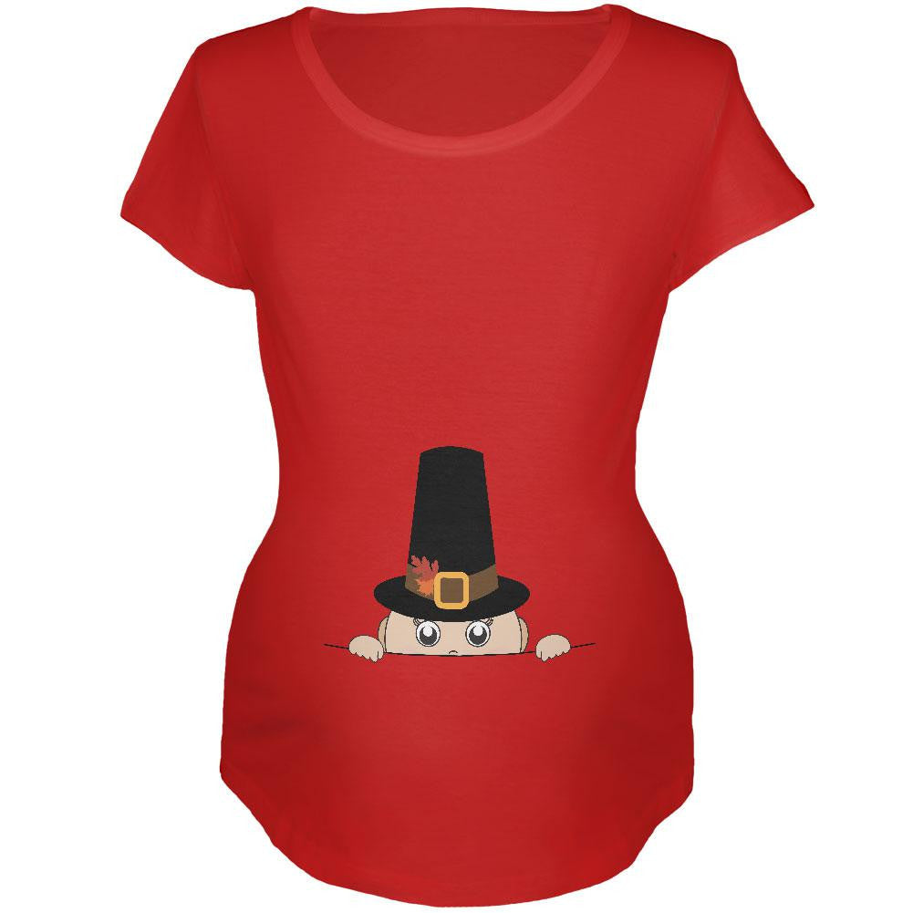 Peeking Baby Thanksgiving Pilgrim Red Maternity Soft T-Shirt Maternity T-Shirts Old Glory 2XL Red