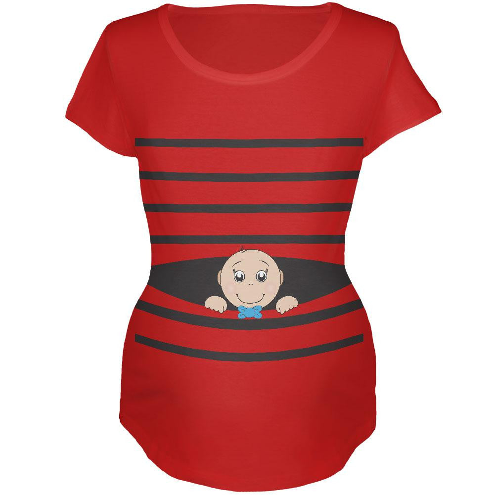 Striped Peeking Baby Boy Red Maternity Soft T-Shirt Maternity T-Shirts Old Glory