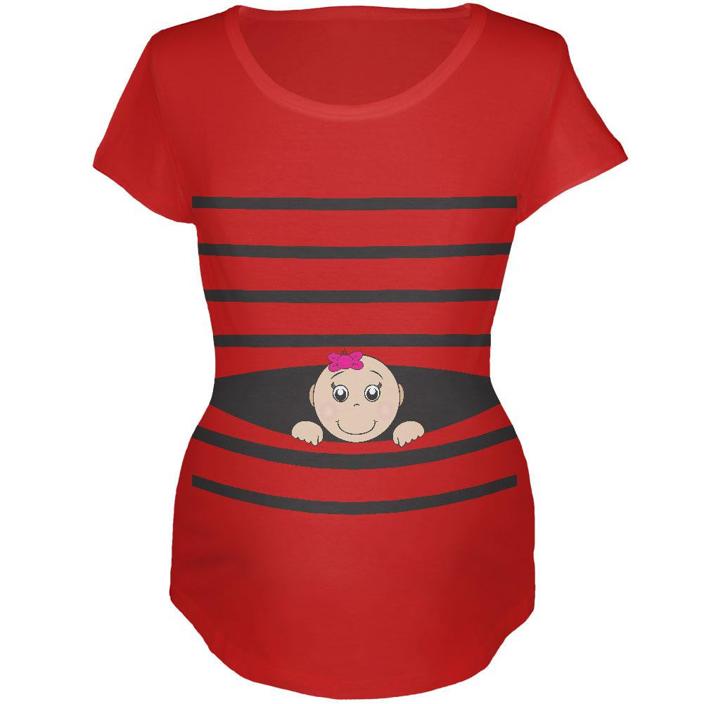 Striped Peeking Baby Girl Red Maternity Soft T-Shirt Maternity T-Shirts Old Glory