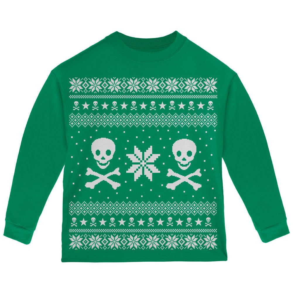 Skull & Crossbones Ugly Christmas Sweater Red Toddler Long Sleeve T-Shirt Toddler Long Sleeves Old Glory
