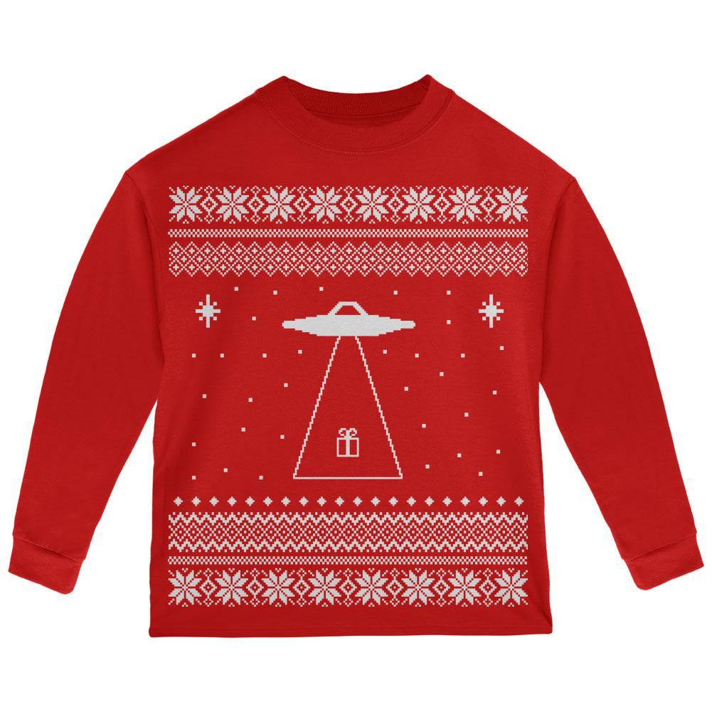 Alien Beam Ugly Christmas Sweater Red Toddler Long Sleeve T-Shirt Toddler Long Sleeves Old Glory 2T Red