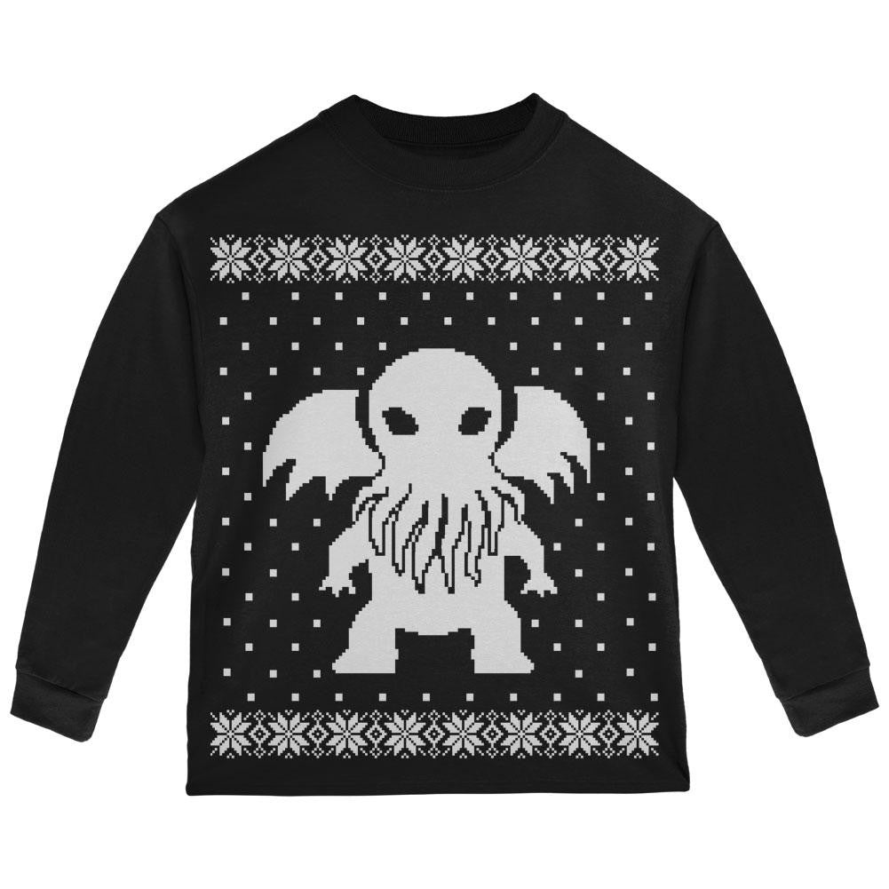 Big Cthulhu Ugly Lovecraft Christmas Sweater Black Toddler Long Sleeve T-Shirt Toddler Long Sleeves Old Glory 2T Black