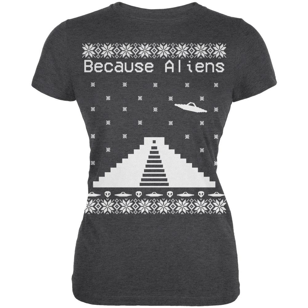 Because Aliens Pyramid Christmas Sweater Dark Heather Juniors Soft T-Shirt Juniors T-Shirts Old Glory 2XL Black