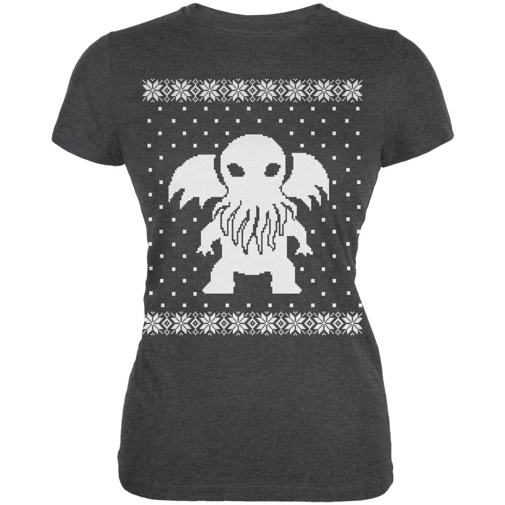 Big Cthulhu Ugly Lovecraft Christmas Sweater Dark Heather Juniors Soft T-Shirt Juniors T-Shirts Old Glory 2XL Black