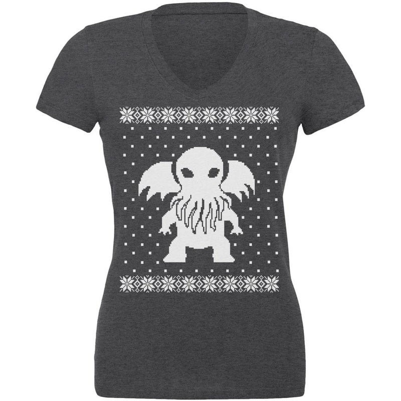 Big Cthulhu Ugly Lovecraft Christmas Sweater Dark Heather Juniors Soft T-Shirt Juniors T-Shirts Old Glory 2XL Grey