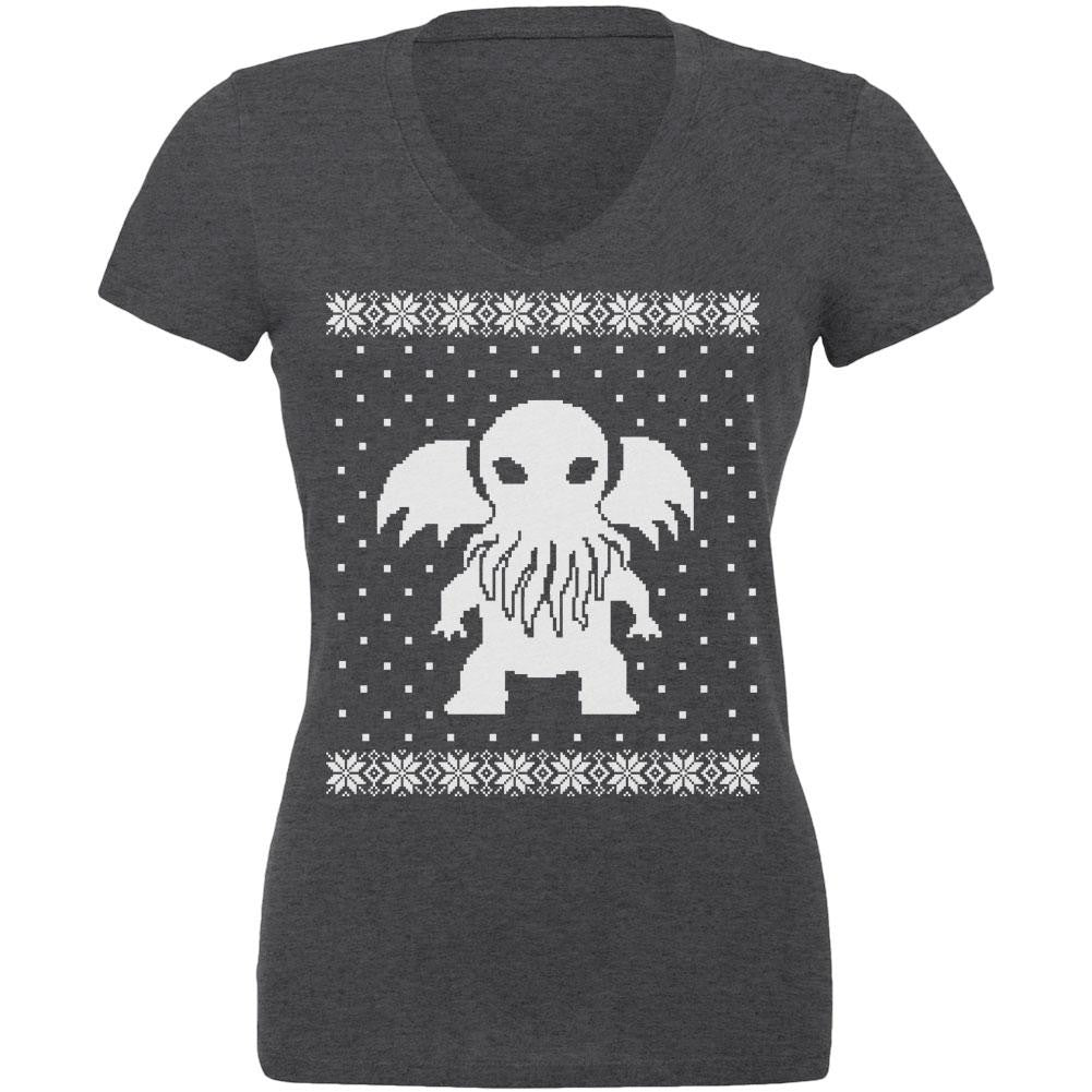 Big Cthulhu Ugly Lovecraft Christmas Sweater Dark Heather Juniors V-Neck T-Shirt Juniors T-Shirts Old Glory 2XL Grey