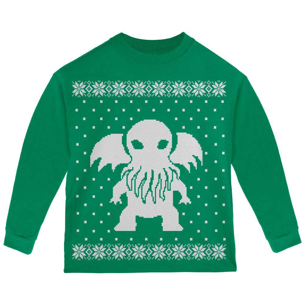Big Cthulhu Ugly Lovecraft Christmas Sweater Black Toddler Long Sleeve T-Shirt Toddler Long Sleeves Old Glory 2T Green