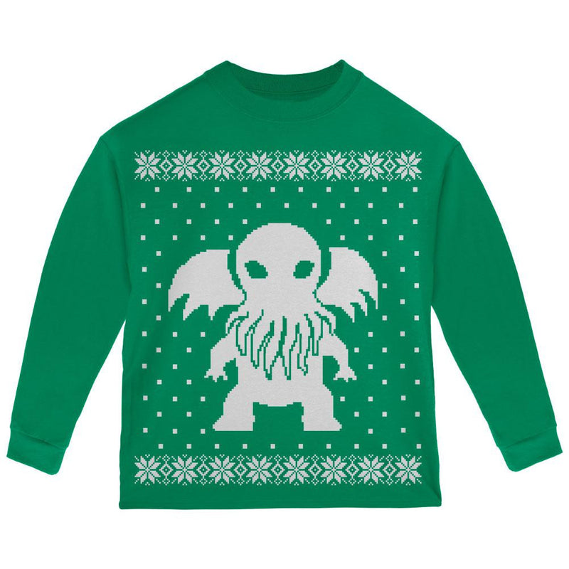 Big Cthulhu Ugly Lovecraft Christmas Sweater Black Toddler Long Sleeve T-Shirt Toddler Long Sleeves Old Glory 2T Green