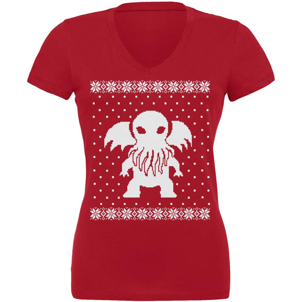 Big Cthulhu Ugly Lovecraft Christmas Sweater Red Juniors V-Neck T-Shirt Juniors T-Shirts Old Glory 2XL Red