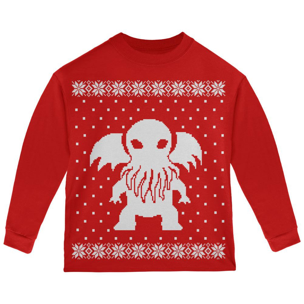 Big Cthulhu Ugly Lovecraft Christmas Sweater Black Toddler Long Sleeve T-Shirt Toddler Long Sleeves Old Glory 2T Red