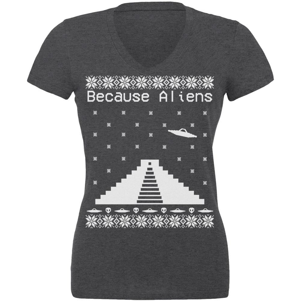 Because Aliens Pyramid Christmas Sweater Dark Heather Juniors V-Neck T-Shirt Juniors T-Shirts Old Glory 2XL Grey
