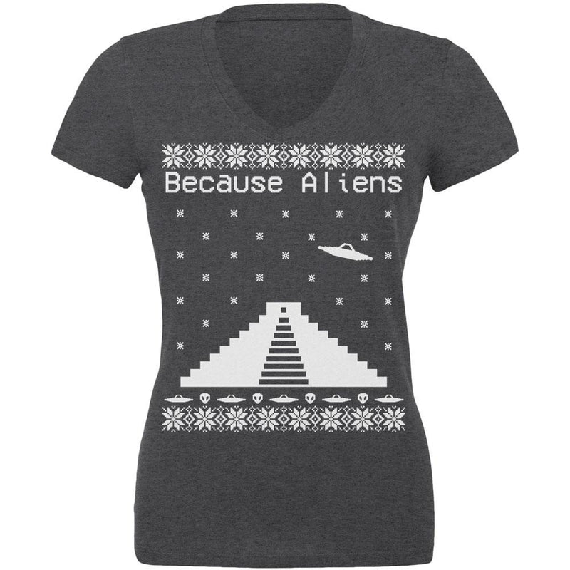 Because Aliens Pyramid Christmas Sweater Dark Heather Juniors Soft T-Shirt Juniors T-Shirts Old Glory