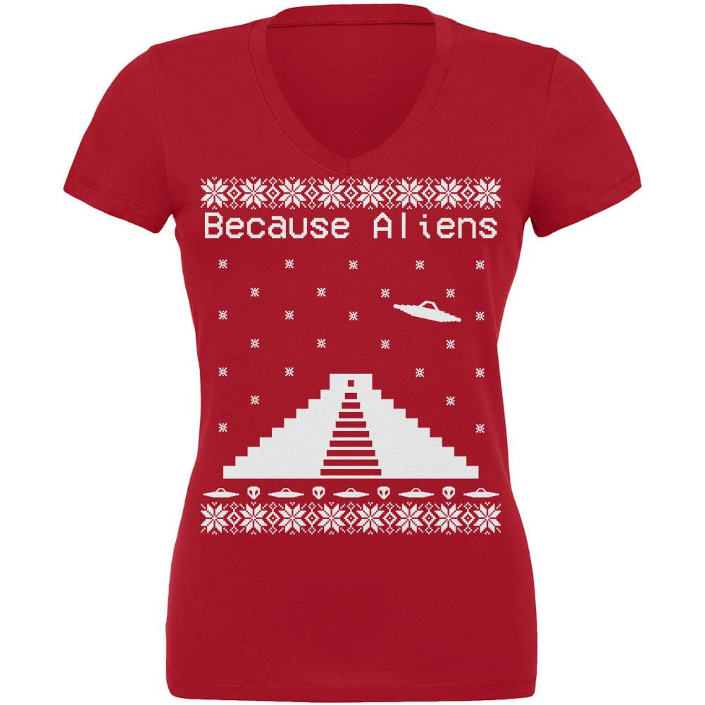 Because Aliens Pyramid Christmas Sweater Red Juniors V-Neck T-Shirt Juniors T-Shirts Old Glory 2XL Red