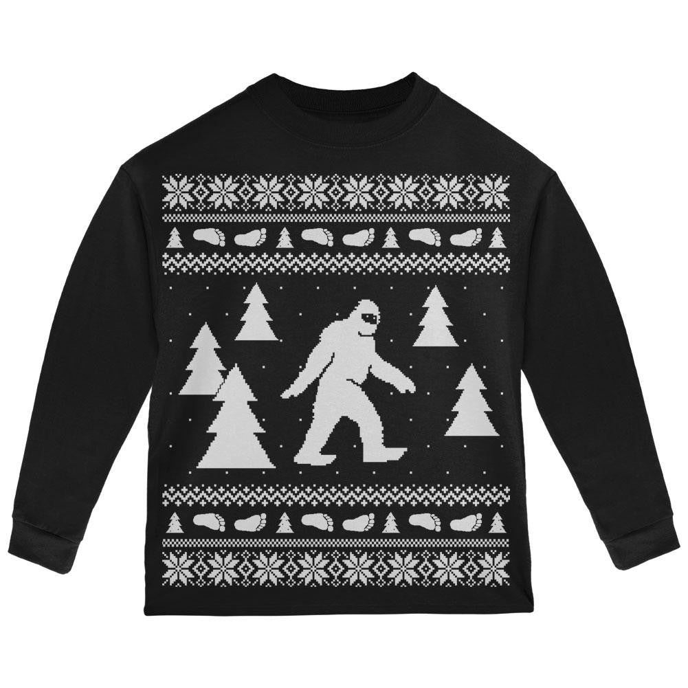 Sasquatch Ugly Christmas Sweater Black Toddler Long Sleeve T-Shirt Toddler Long Sleeves Old Glory