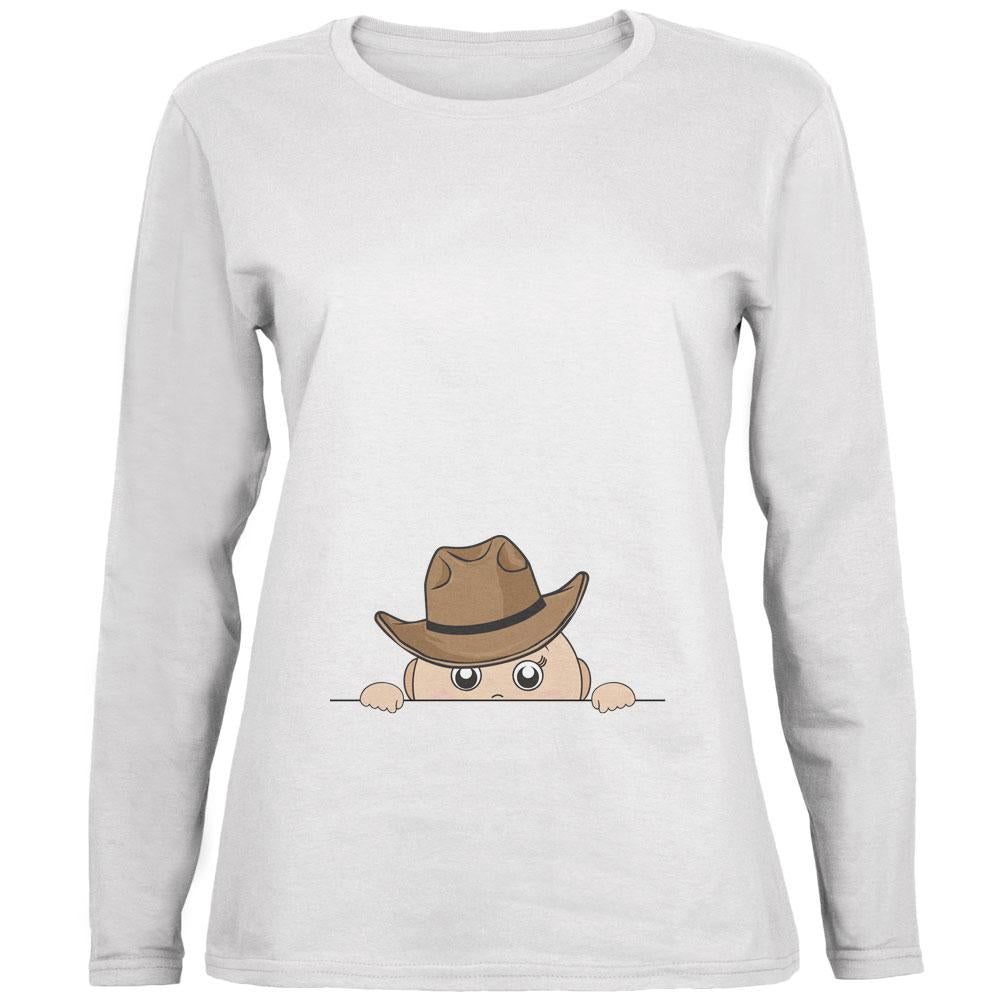 Peeking Baby Cowboy White Womens Long Sleeve T-Shirt Women's Long Sleeves Old Glory 2XL White