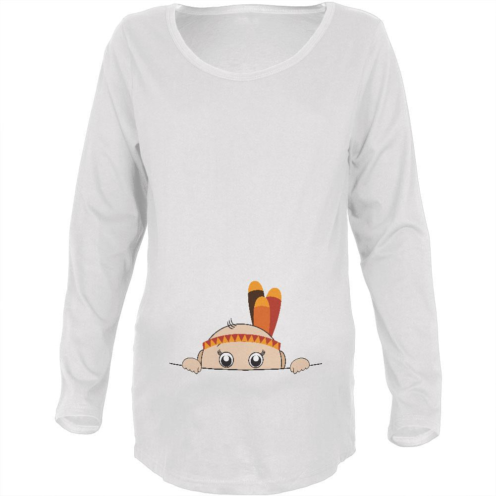 Peeking Baby Thanksgiving Indian White Maternity Soft Long Sleeve T-Shirt Maternity Long Sleeve T-Shirts Old Glory 2XL White