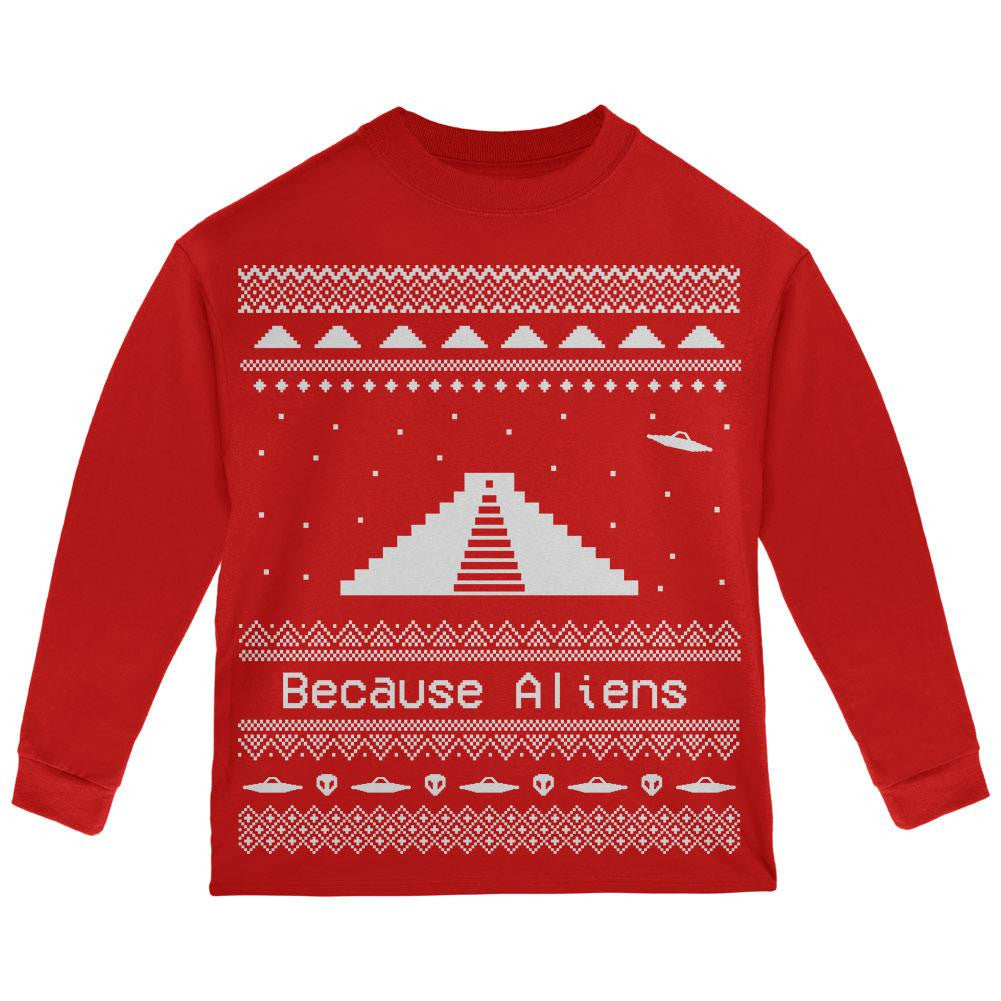 Pyramid Aliens Ugly Christmas Sweater Red Toddler Long Sleeve T-Shirt Toddler Long Sleeves Old Glory 2T Red