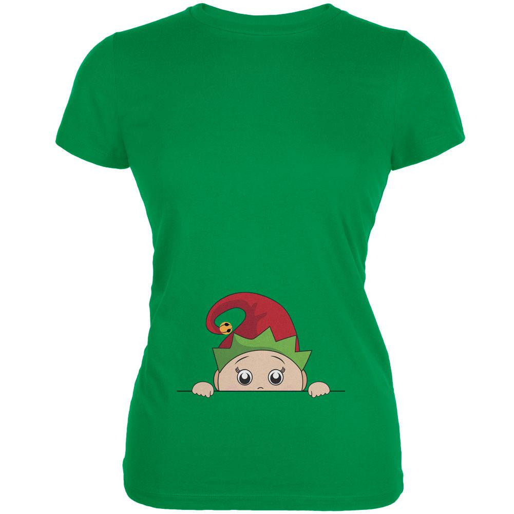 Christmas Peeking Baby Elf Irish Green Juniors Soft T-Shirt Juniors T-Shirts Old Glory LG Green
