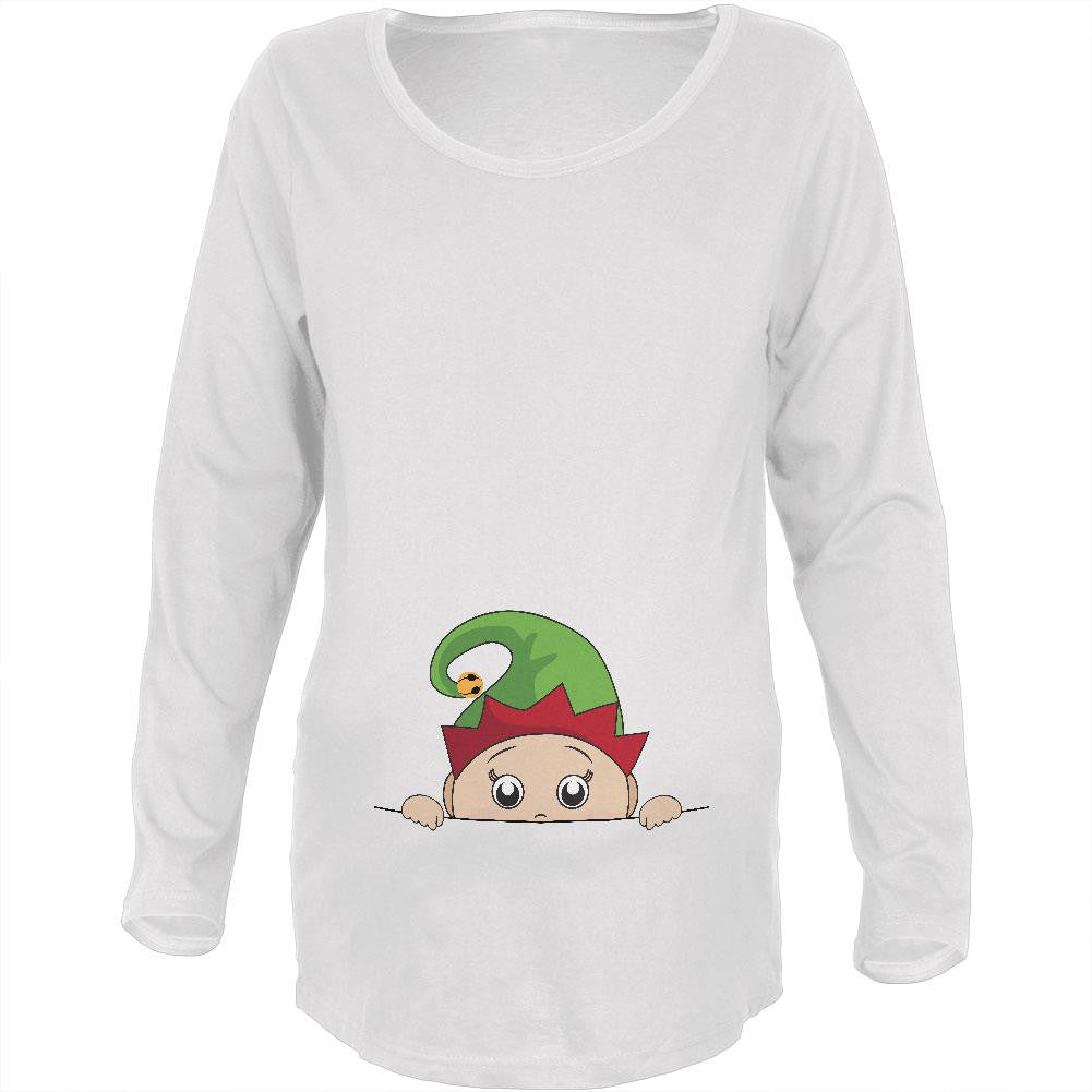 Christmas Peeking Baby Elf White Maternity Soft Long Sleeve T-Shirt Maternity Long Sleeve T-Shirts Old Glory 2XL White