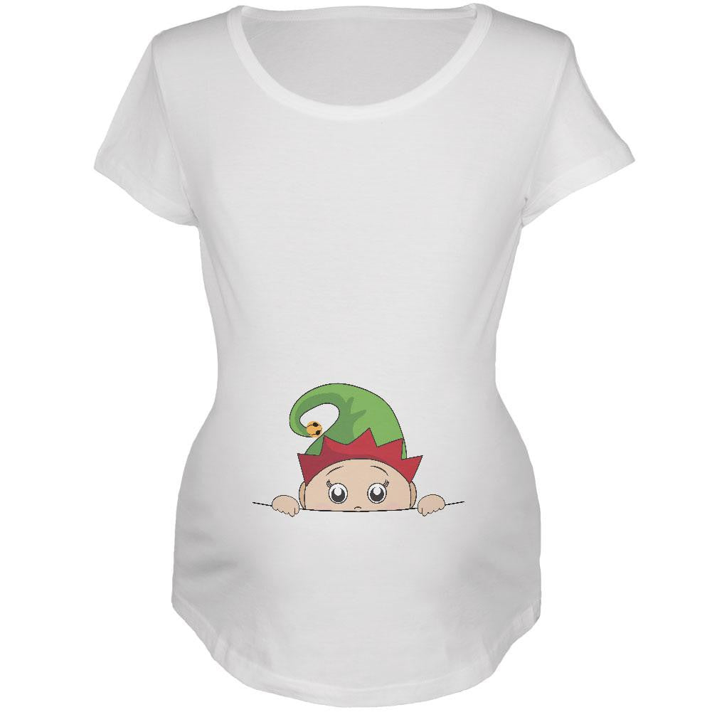 Christmas Peeking Baby Elf White Maternity Soft T-Shirt Maternity T-Shirts Old Glory 2XL White