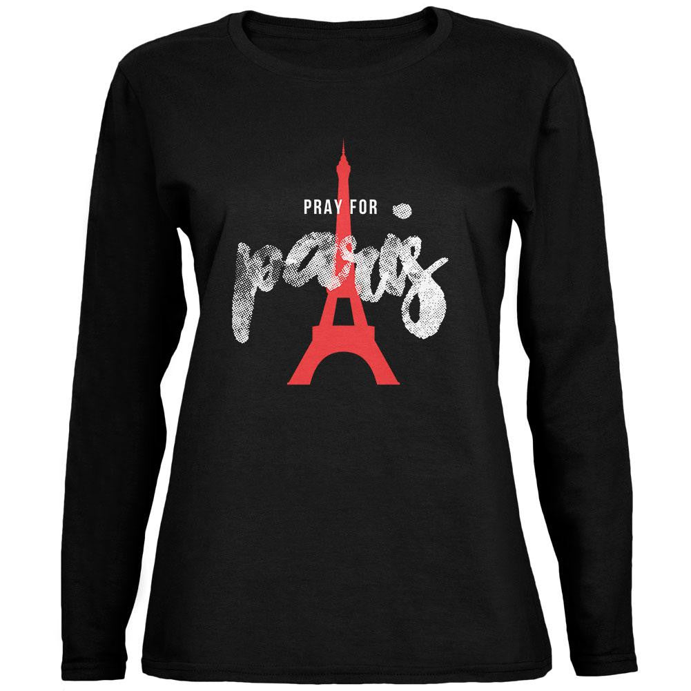 Pray for Paris Eiffel Tower Script Black Womens Long Sleeve T-Shirt Women's Long Sleeves Old Glory 2XL Black