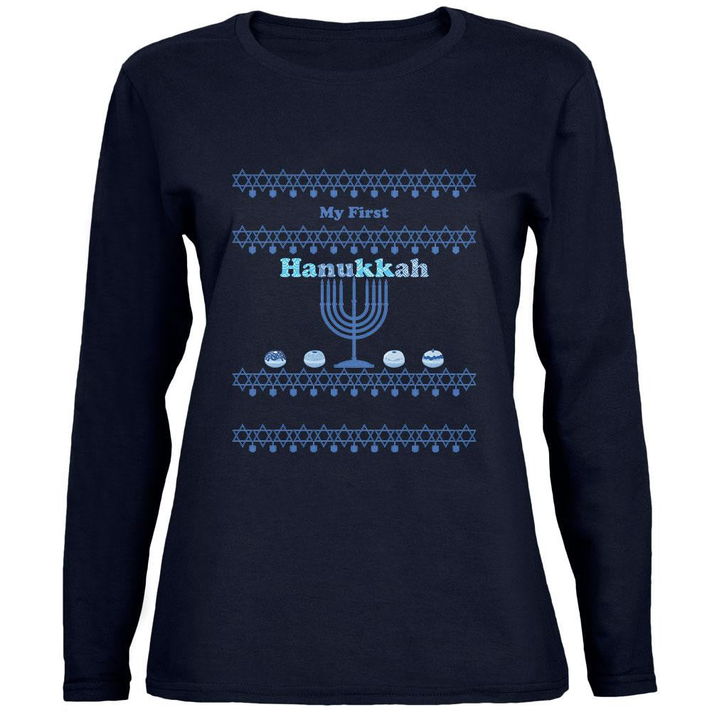 My First Hanukkah Navy Womens Long Sleeve T-Shirt Women's Long Sleeves Old Glory 2XL Blue