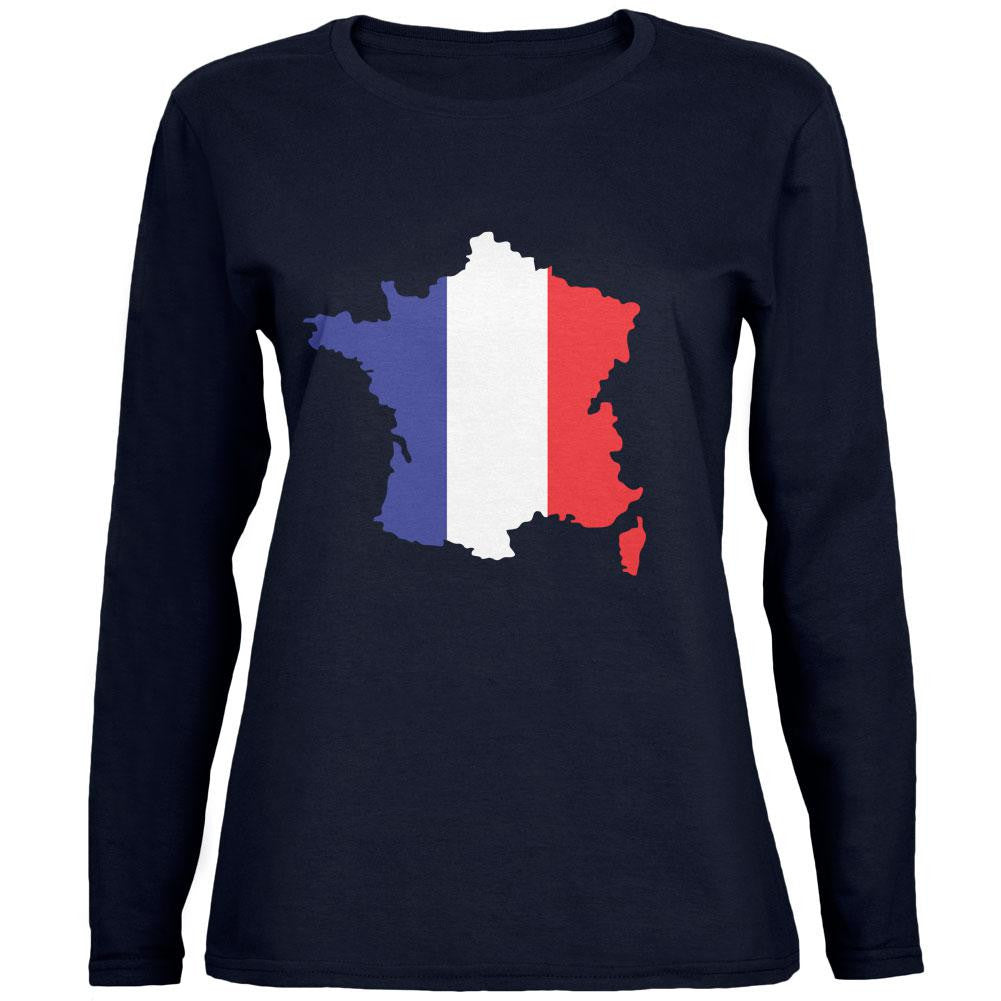 Country Silhouette France Flag Navy Womens Long Sleeve T-Shirt Women's Long Sleeves Old Glory 2XL Blue