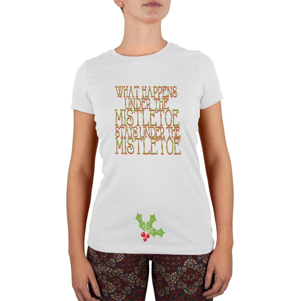 Christmas Mistletoe Happens Stays Funny White Juniors Soft T-Shirt Juniors T-Shirts Old Glory 2XL White