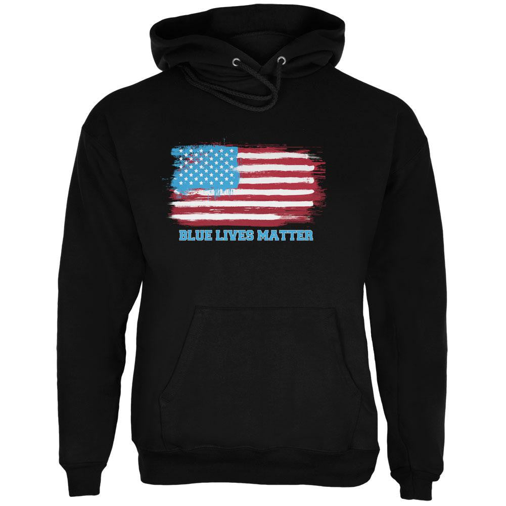 Blue Lives Matter Distressed American Flag Black Adult Hoodie Men's Hoodies Old Glory SM Black