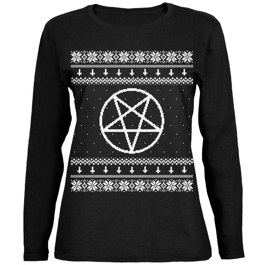 White Satanic Pentagram Ugly Christmas Sweater Black Womens Long Sleeve T-Shirt Women's Long Sleeves Old Glory 2XL Black