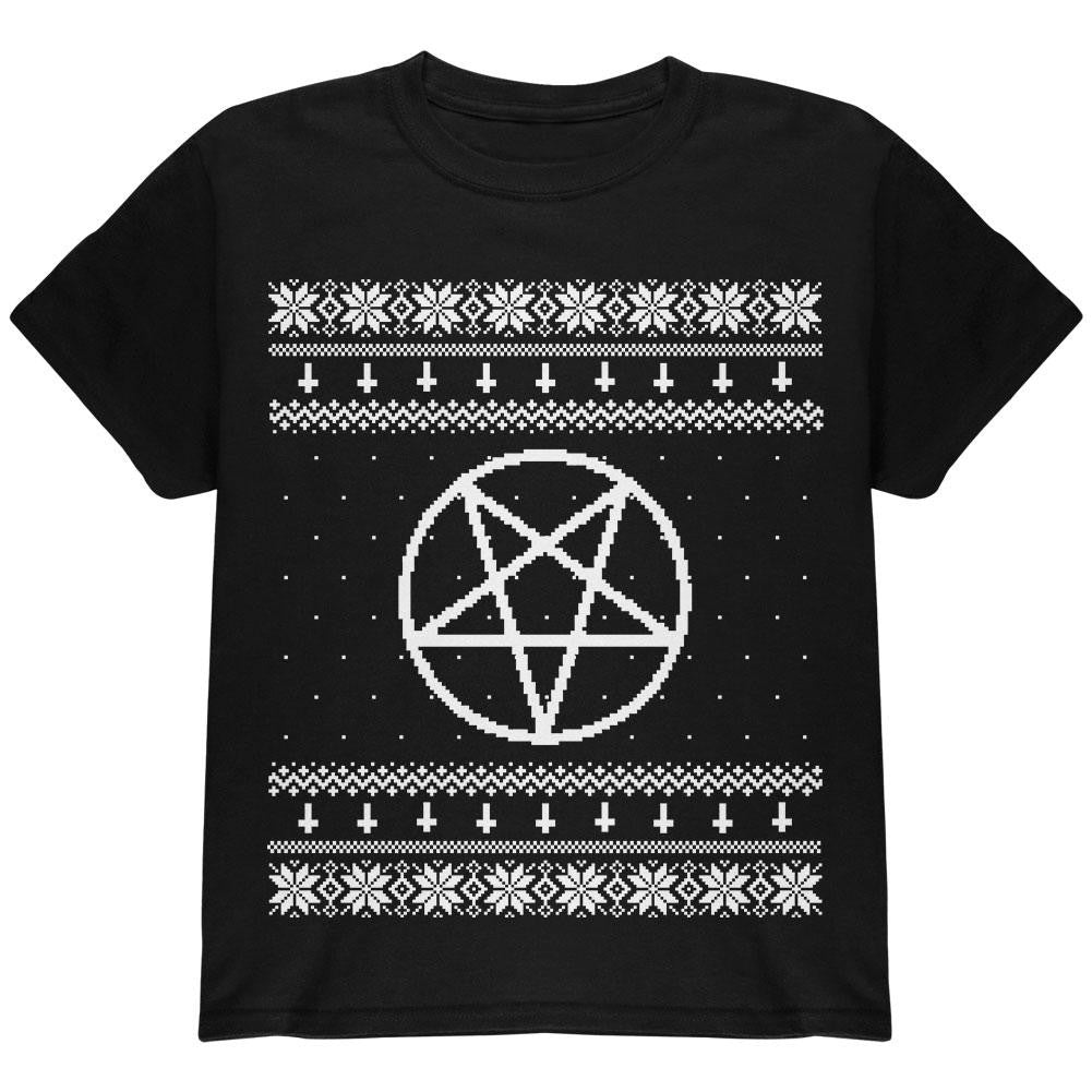 White Satanic Pentagram Ugly Christmas Sweater Black Youth T-Shirt Youth T-Shirts Old Glory LG Black