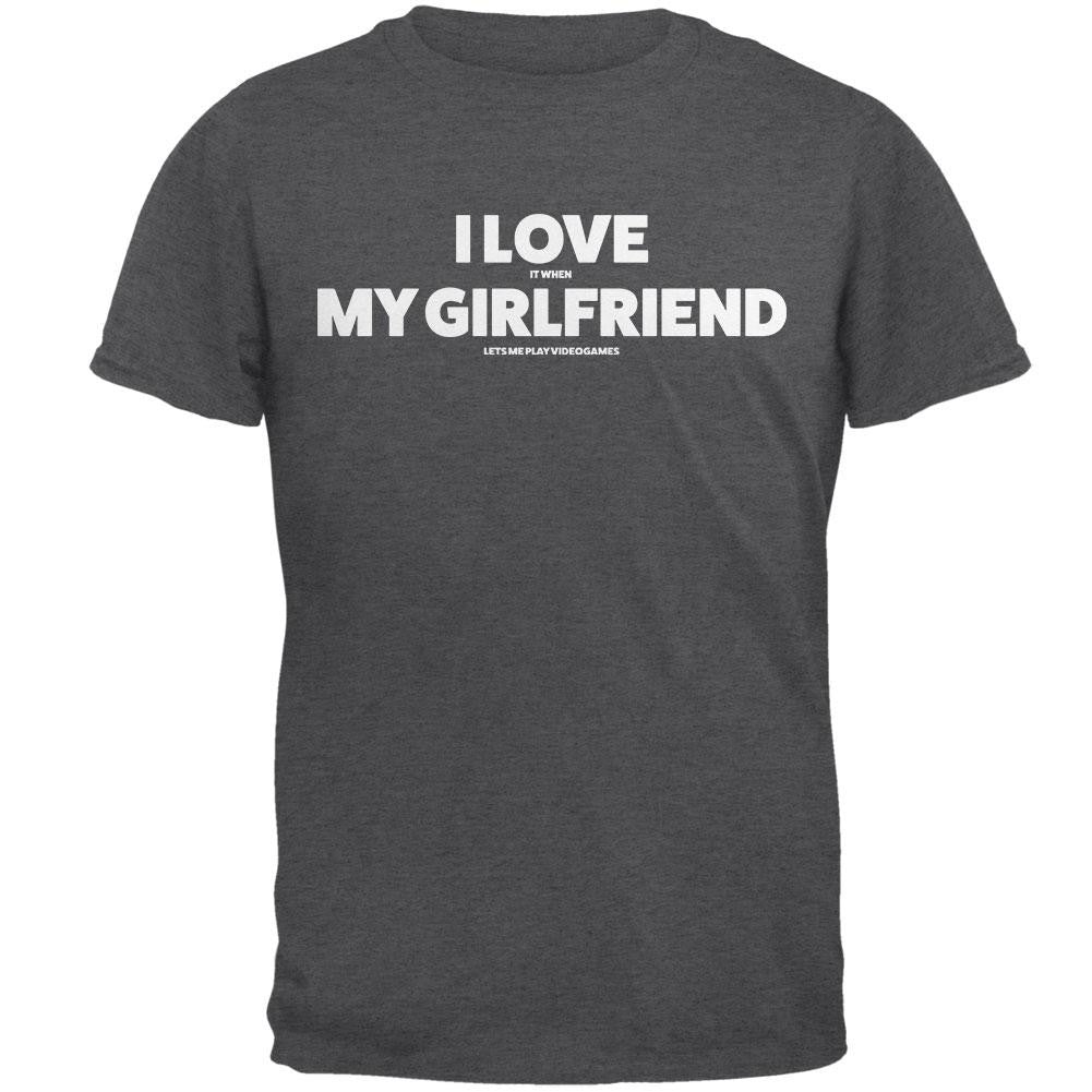 Valentines I Love My Girlfriend Video Games Dark Heather Adult T-Shirt Men's T-Shirts Old Glory 2XL Grey