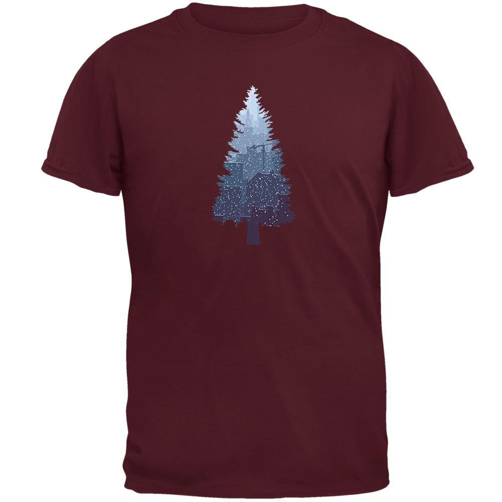 Christmas Tree Snowy City Maroon Adult T-Shirt Men's T-Shirts Old Glory 2XL Red