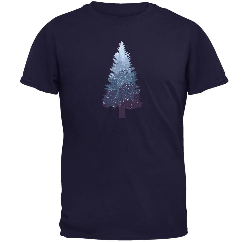 Christmas Tree Snowy City Navy Adult T-Shirt Men's T-Shirts Old Glory 2XL Blue